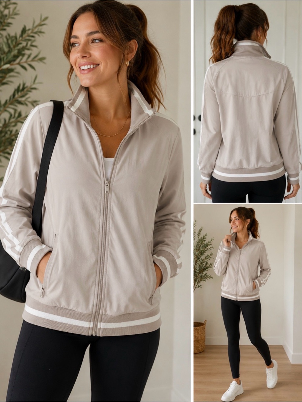 588 Athleta Beige Full Zip Track Jacket Small Neutral Athletic Stripe Bomber